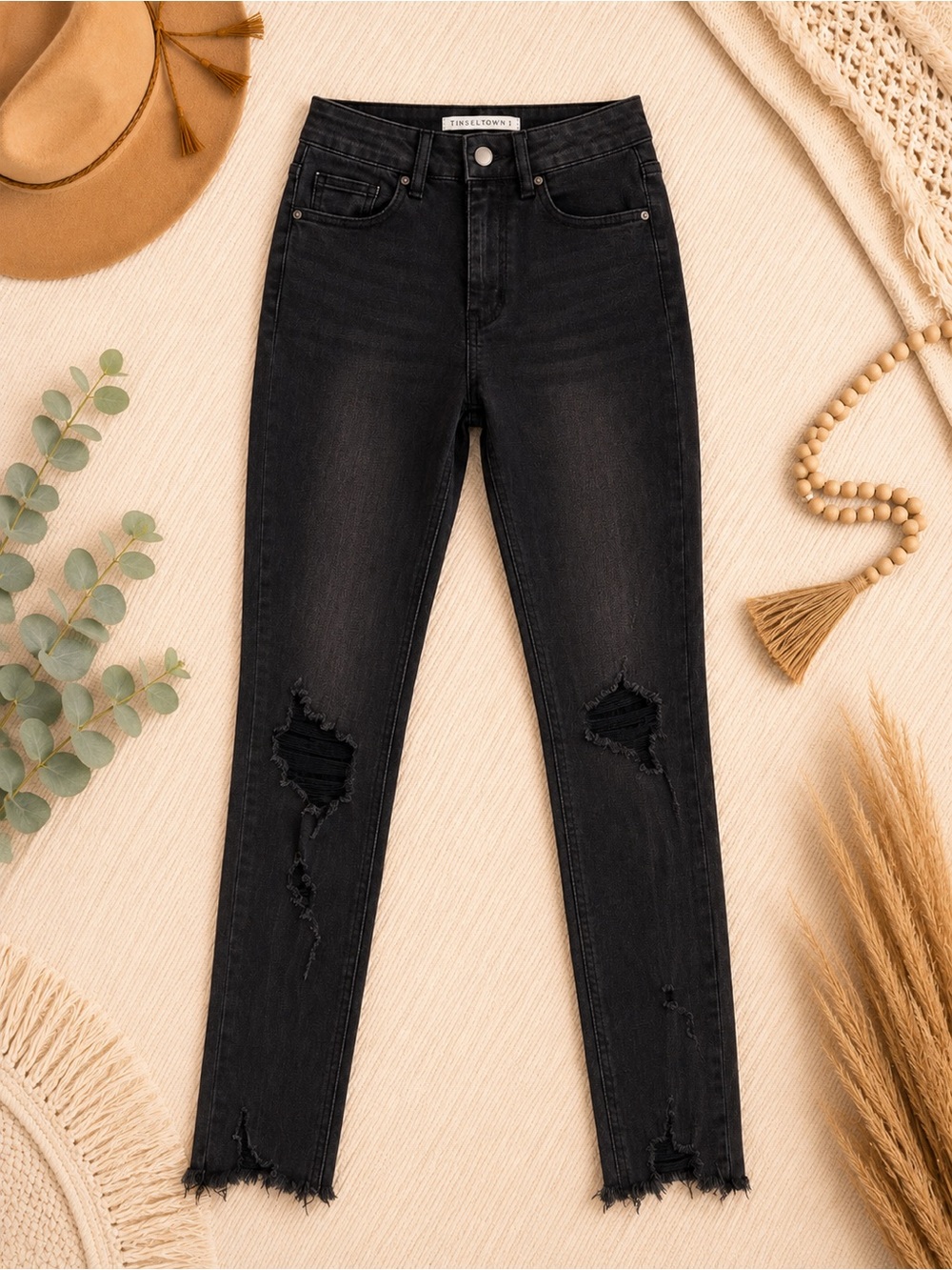 Tinseltown Washed Black Distressed High-Rise Mom Jeans
